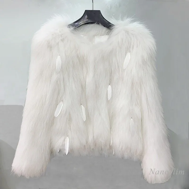 White Fur Coat Womans 2021 Winter New Imitation Raccoon Fur Woven Tassel Feather Slim Fit Coats Lady Streetwear Short Design