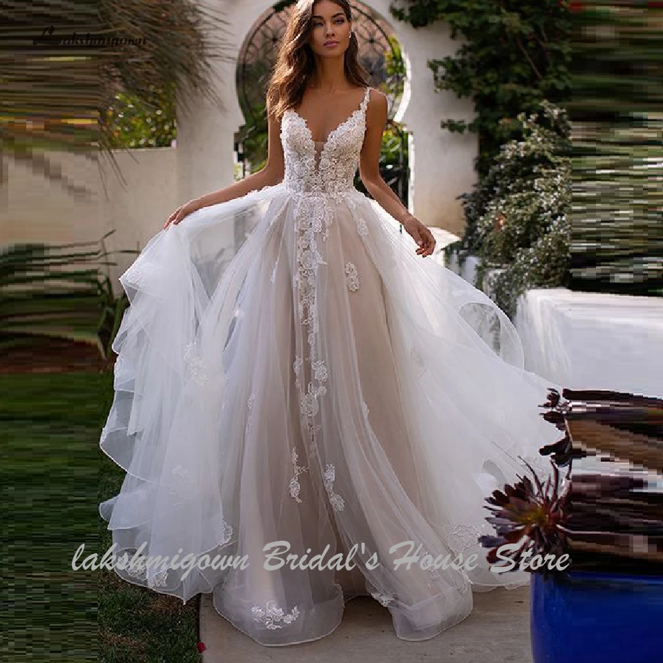 

Lakshmigown Country Wedding Dresses 2020 Sexy Bridal Dress Vintage Lace Appliques Princess Tulle Wedding Gowns Long Train