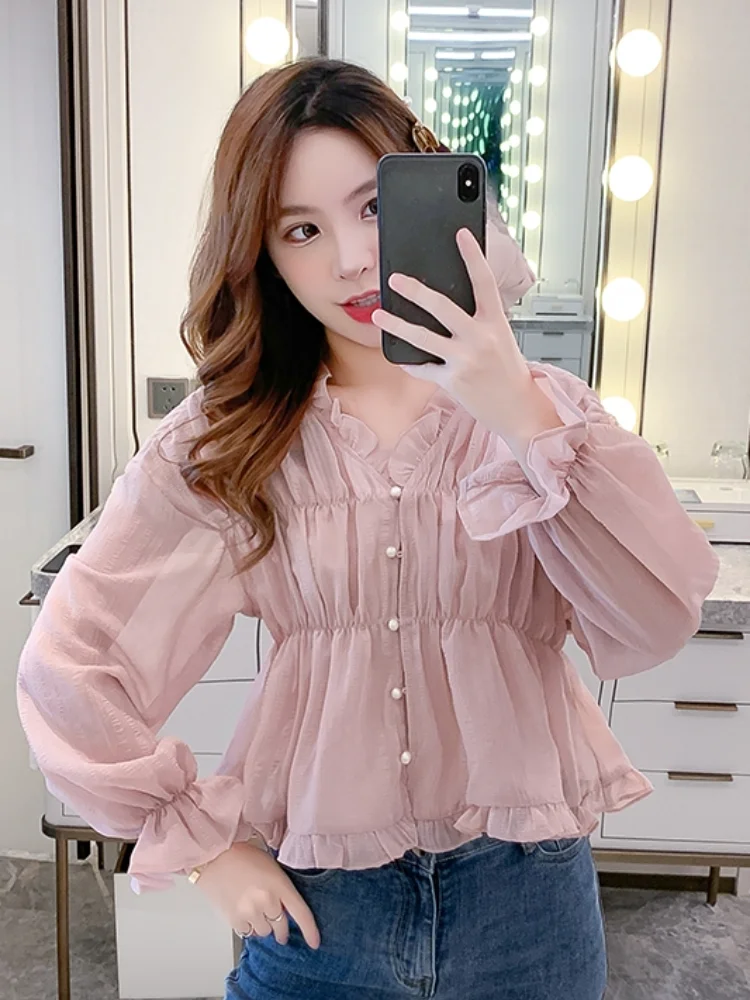 

Women's Blouse Chiffon Top Long Sleeve Blouses Summer Tops Lotus Leaf Collar Shirts Fashion Shirt Casual New Solid Color Loose