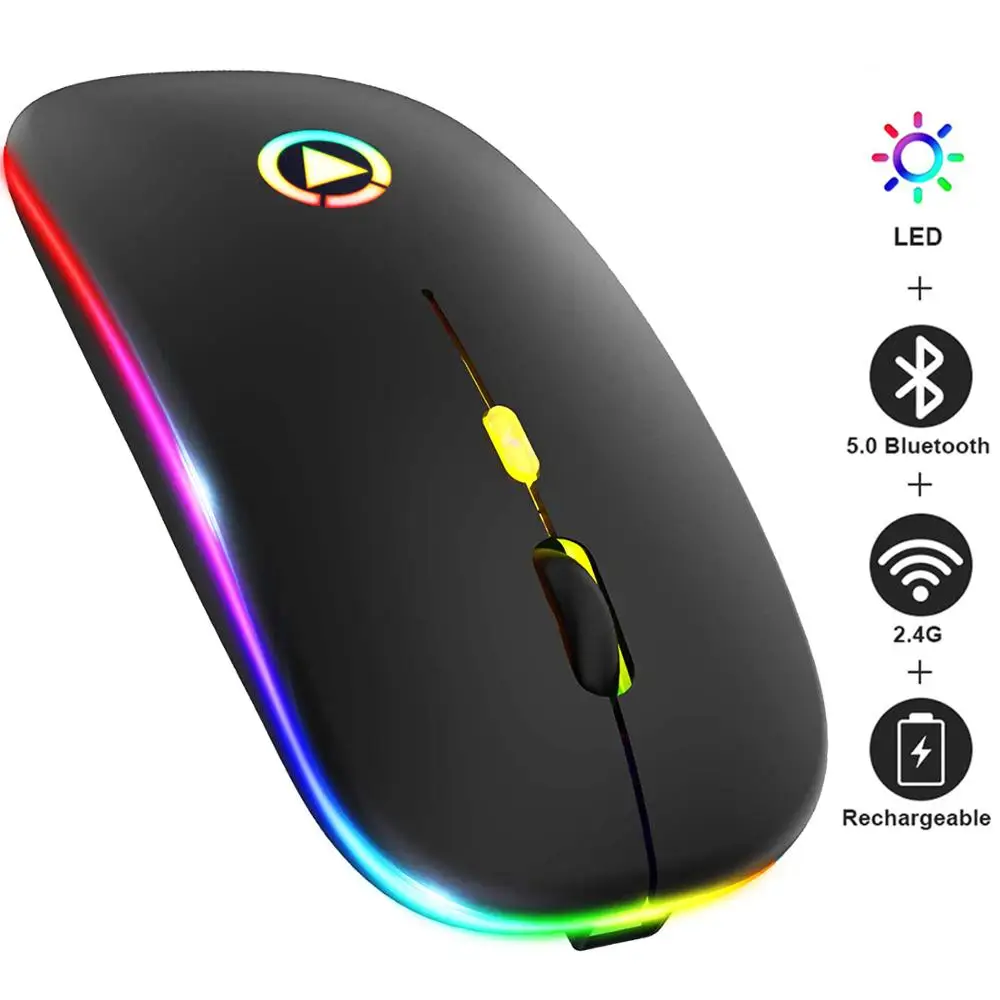 Перезаряжаемая Беспроводная игровая мышь светодиодный подсветка бесшумная Мышь