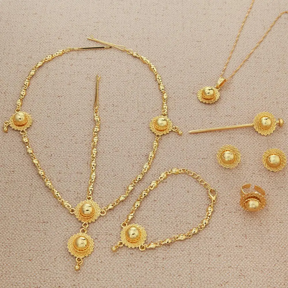 Ethiopian Gold Color Necklace Pendant Earrings Ring Hairpin Bracelet Hair Sudan Eritrea Christian Jewelry | Украшения и