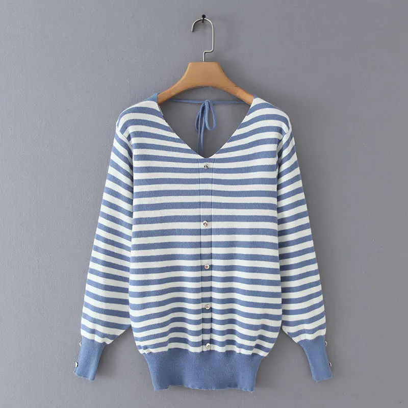 new spring autumn women v neck striped casual slim knitted sweaters ladies long sleeve back lace up thin sweater tops S148 | Женская