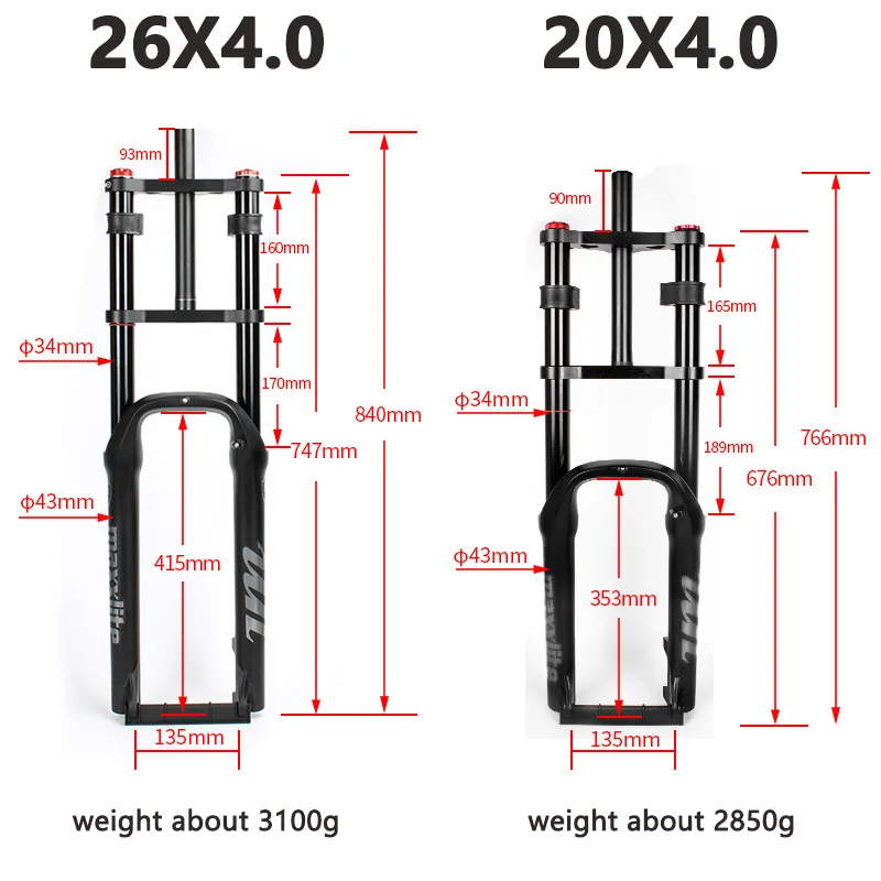 34mm Tube Double shoulder snow bike front fork 20X4.0 26X4.0 inch fat tire Beach Bike pneumatic shock absorber air | Спорт и