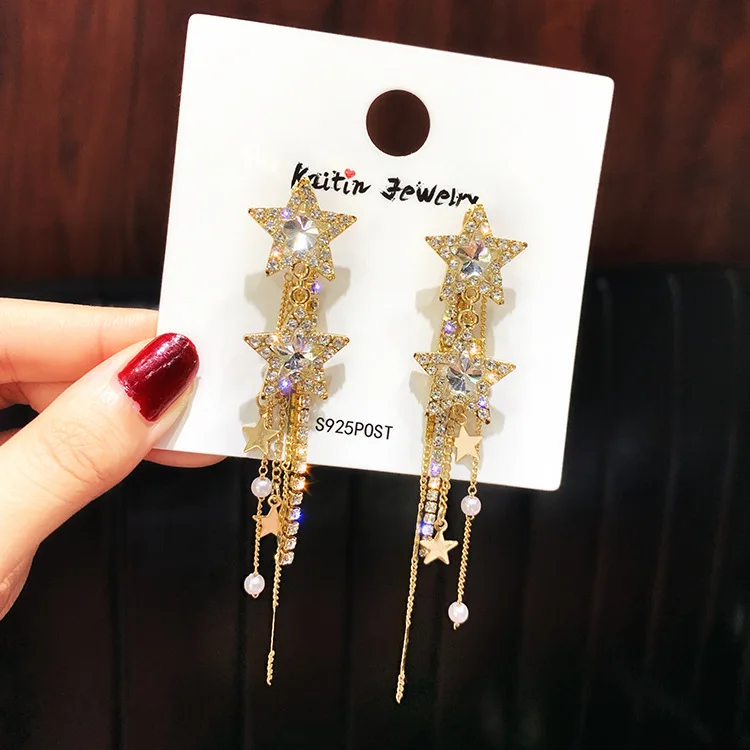 FYUAN корейский стиль звезда Висячие серьги для женщин Bijoux Длинная кисточка Блестящий Синий Кристалл Висячие серьги ювелирные аксессуары - Окраска металла: gold