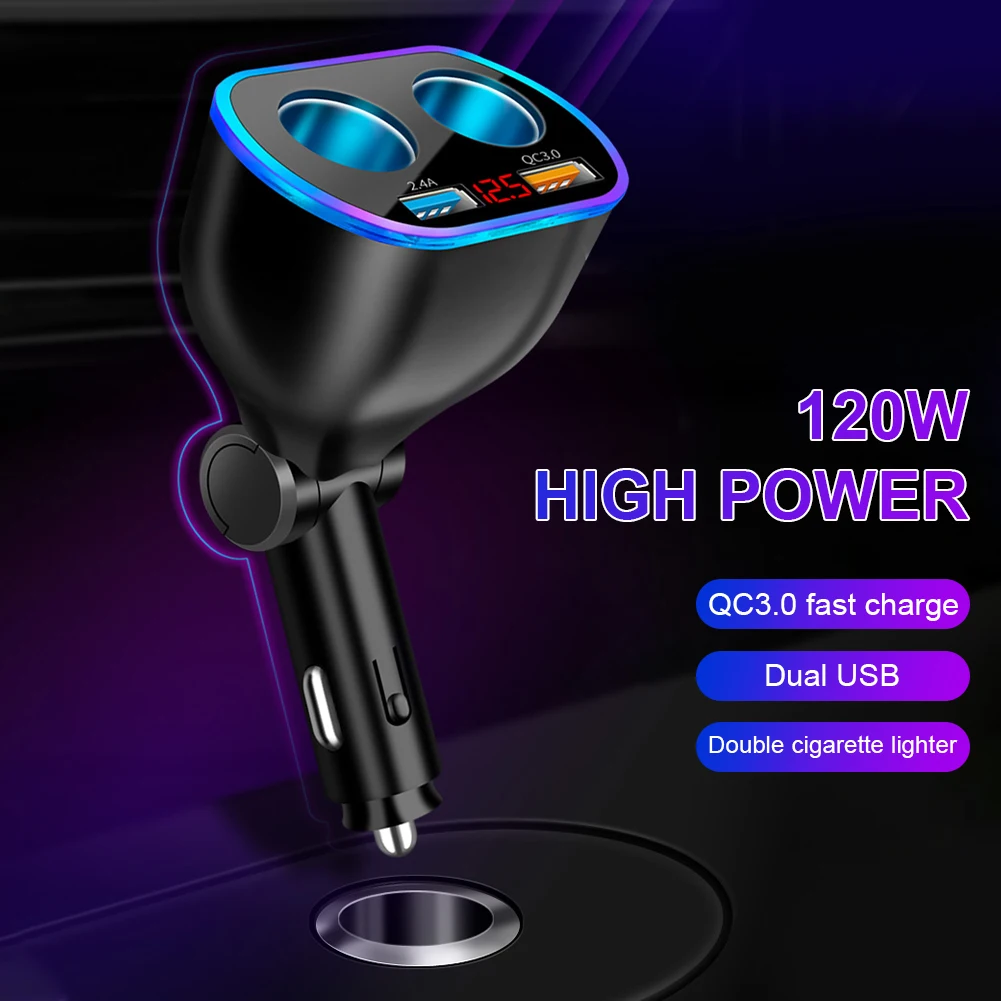 Car Charger 12/24V Lighter Adapter Splitter with Dual USB Digital Voltmeter LED Night Light QC 3.0 Fast Charge for Phone Tablet |