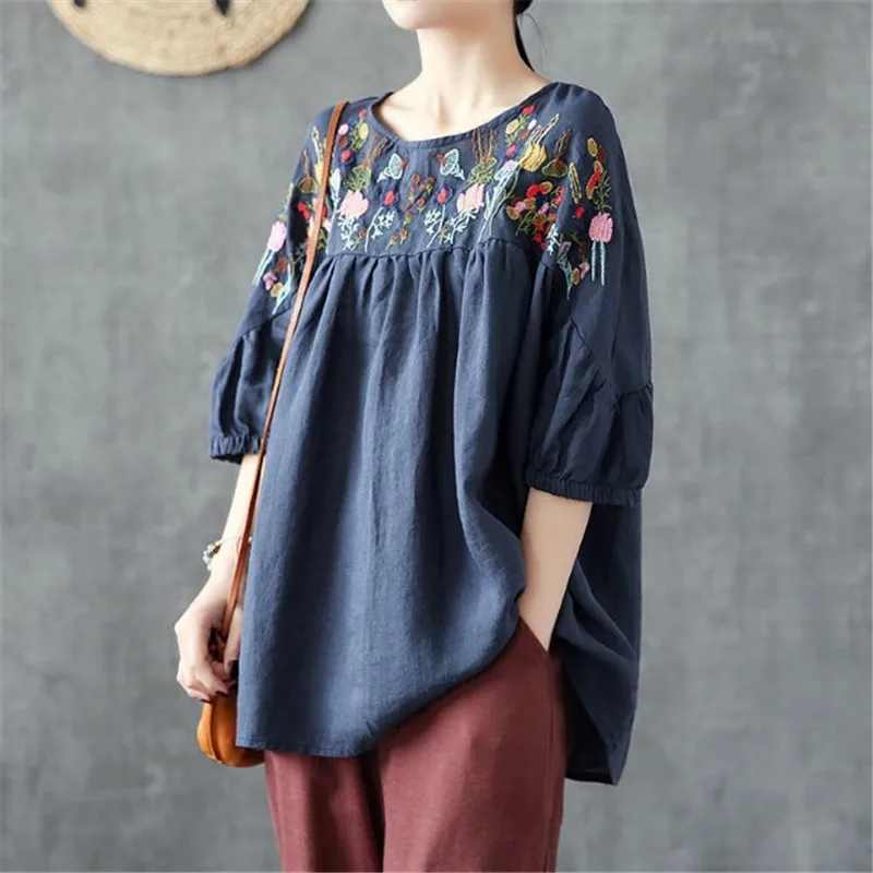 Футболка женская с вышивкой тонкая Свободная рубашка из хлопка и льна в стиле