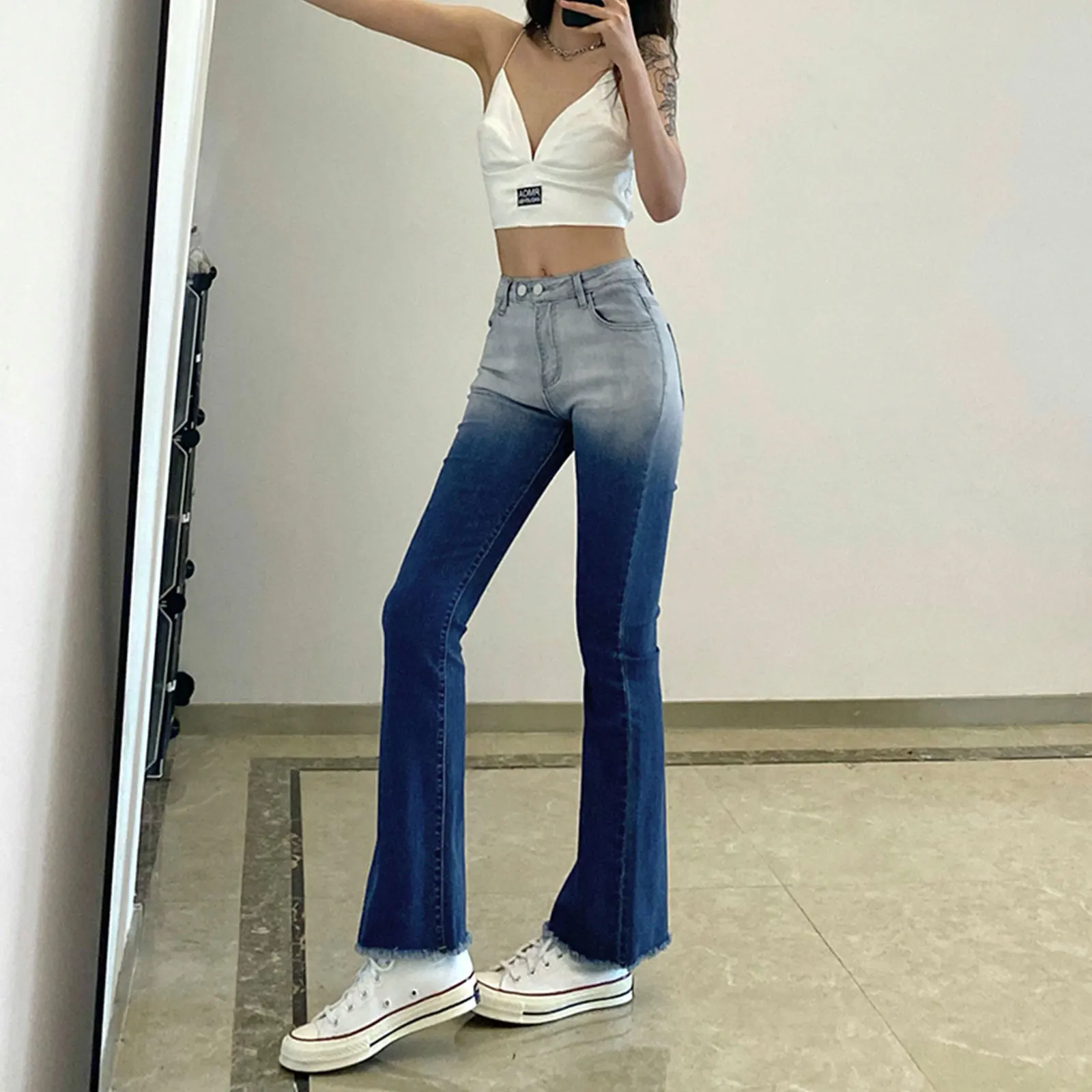 

Women Boot-Cut Pants, Adults Summer Gradient High Waisted Frayed Raw Hem Jeans with Pocket, Belt Loop