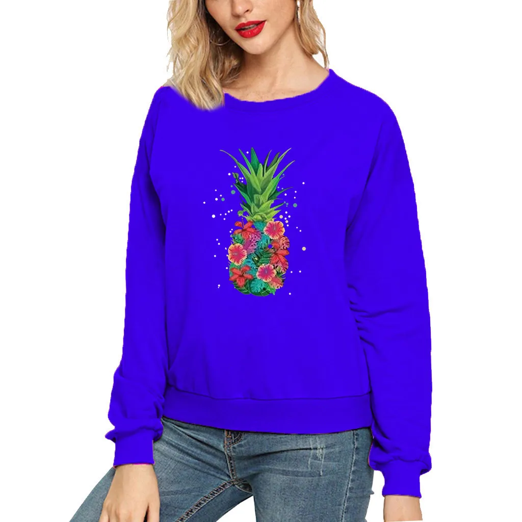 

Flower Pineapple Pattern Printed Long Sleeve Tops Round Neck Sweatershirt Letter Printing Sweatshirt Women