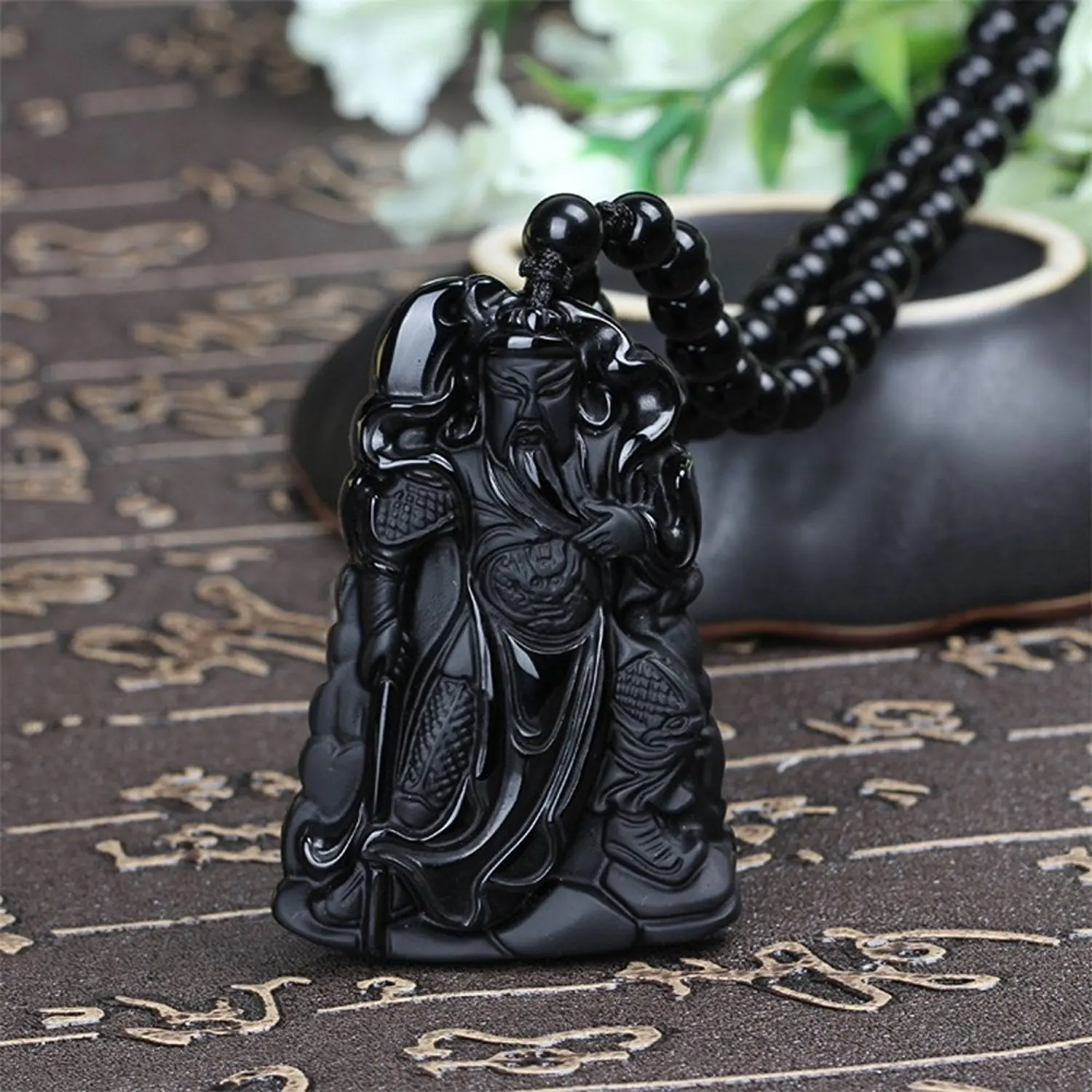 LETSFUN Изящные ювелирные изделия ручной работы резной природный обсидиан Гуань Юй