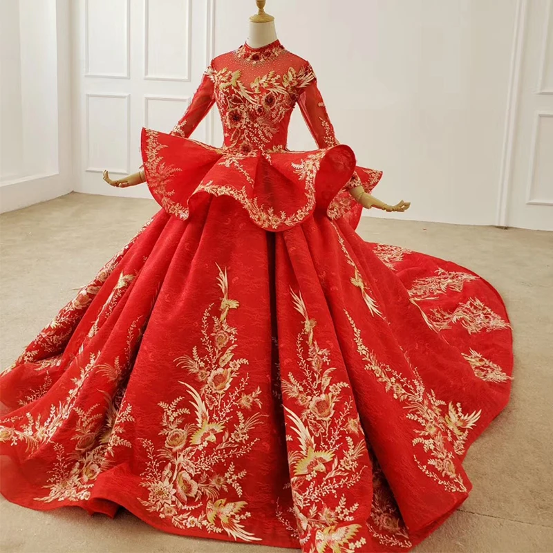 BGW HT41730 Peplum Wedding Dress Bird Applique Muslim Wedding Dress Red Lace Wedding Dress Pleat Wedding Gowns فستان زفاف