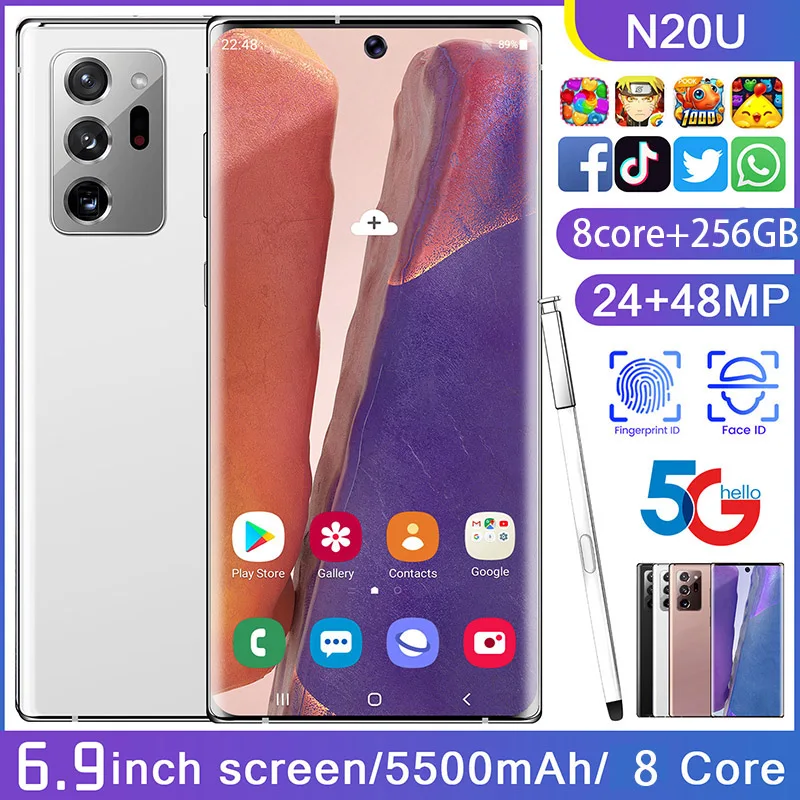 

4G Smart Mobile Cell Phone Galxy N20U Smartphone FullScreen 8-core 256 GB Android 10 Snapdragon 865+ Finger Face ID Dual Camera