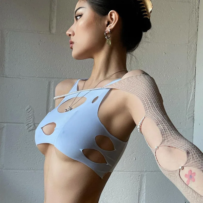 

2021 Sexy Sleeveless Solid Strap Hollow Out Hole Crop Top Y2K Camis Summer Women Fashion New Party NightClub Streetwear Outfits