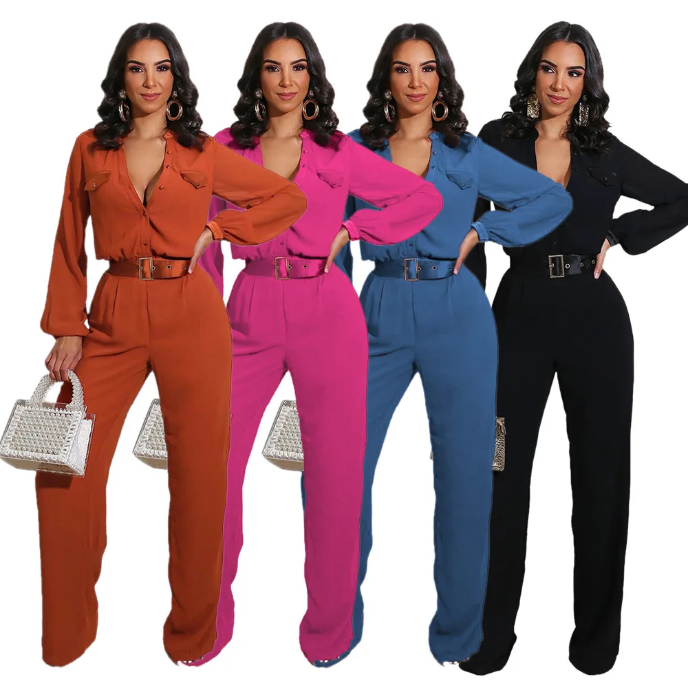 

New Fashion Loose Wide Leg Button Ladies Jumpsuit for women