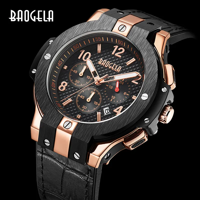 BAOGELA marque hommes montre Quartz ou bande caoutchouc 3ATM résistant A l'eau chronographe 1909|Кварцевые мужские часы| |