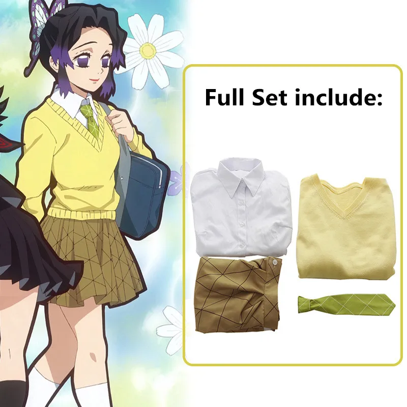 

4PCS/Set Demon Slayer's Blade Women Halloween Dress School Girl JK Shirt Skirt with Sweater Cosplay Costume
