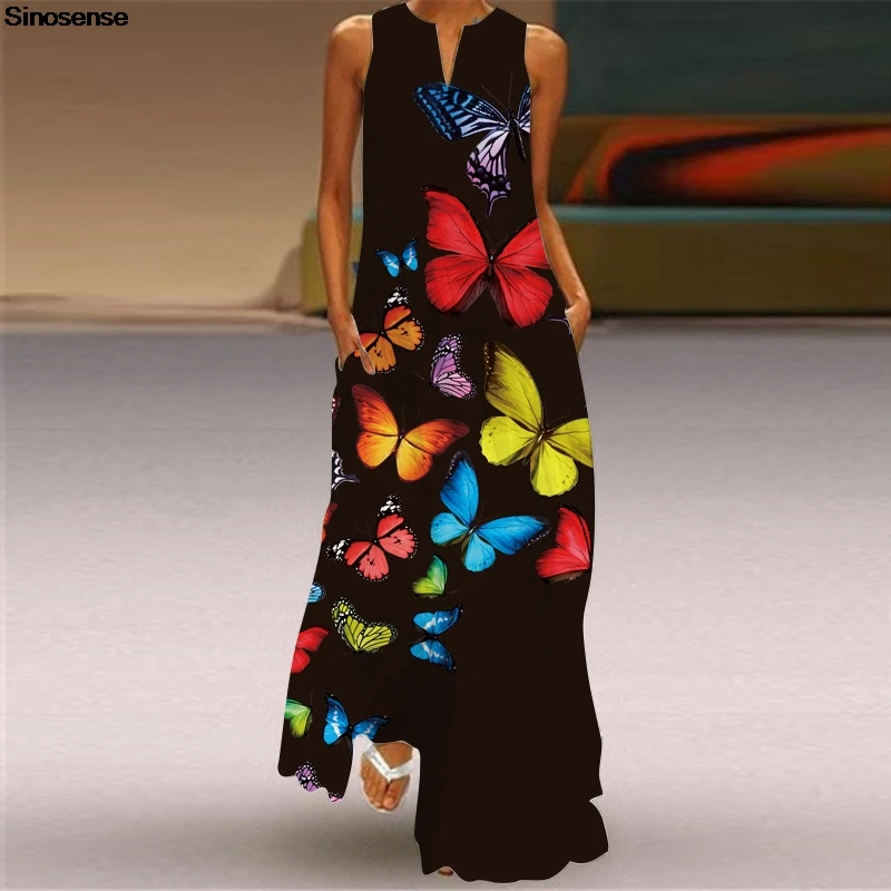 

Women Summer Sleeveless Casual Long Maxi Dress With Pockets Vintage Butterfly Print A Line Loose Beach Party Dress Plus Size 5XL