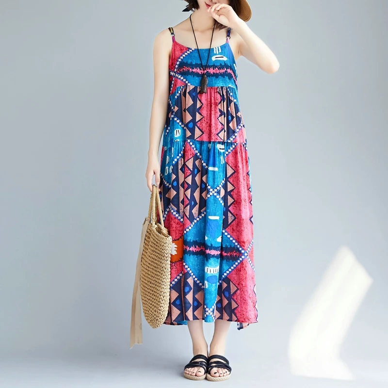 

2021 Summer Fashion Hot Sale Literary Floral Sleeveless Dress Cotton Linen Sling Dress with Big Swing Skirt Female #9208