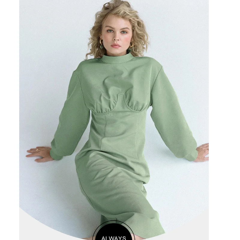 

Женское платье с длинным рукавом, однотонное вечерние таленное платье с высоким воротником, весна 2021