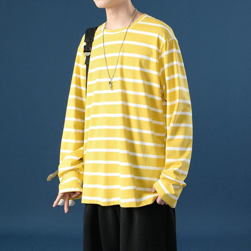 Новинка Осень 2021 свободная полосатая Мужская футболка с длинным рукавом тонкая