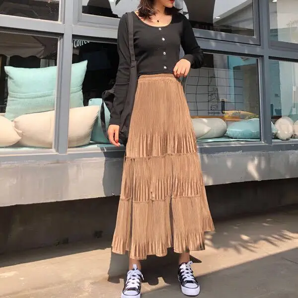 

2020 New Summer Women Elastic High Waist Pleated Skirt Female European Style Swing Casual Skirt Streetwear Jupe Femme Saias Z37