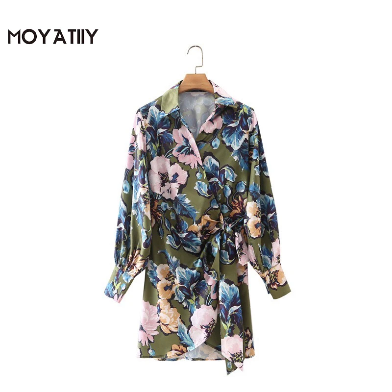

MOYATIIY Women 2021 Fashion Floral Print Mini Shirt Dress Retro Lace Up Design Dresses Lantern Sleeve Female Vestidos