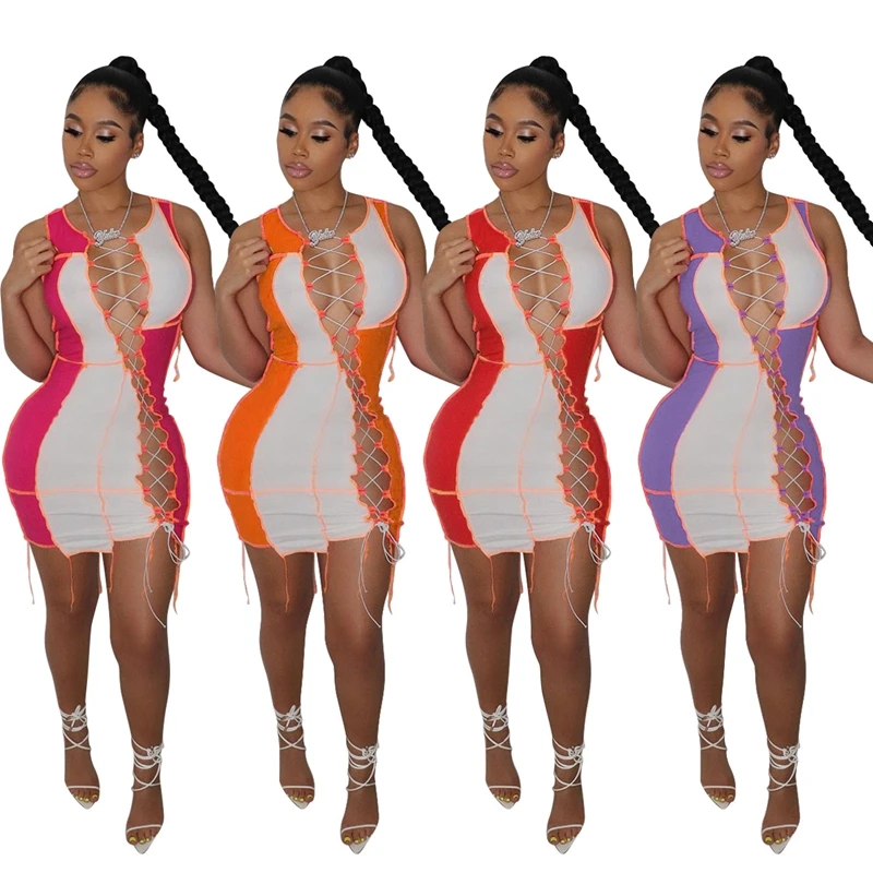 

Clubwear Hollow Out Sexy Woman Dress Sleeveless Lace Up Bandage Bodycon Dress Summer Clothes for Women Party Short Mini Dress