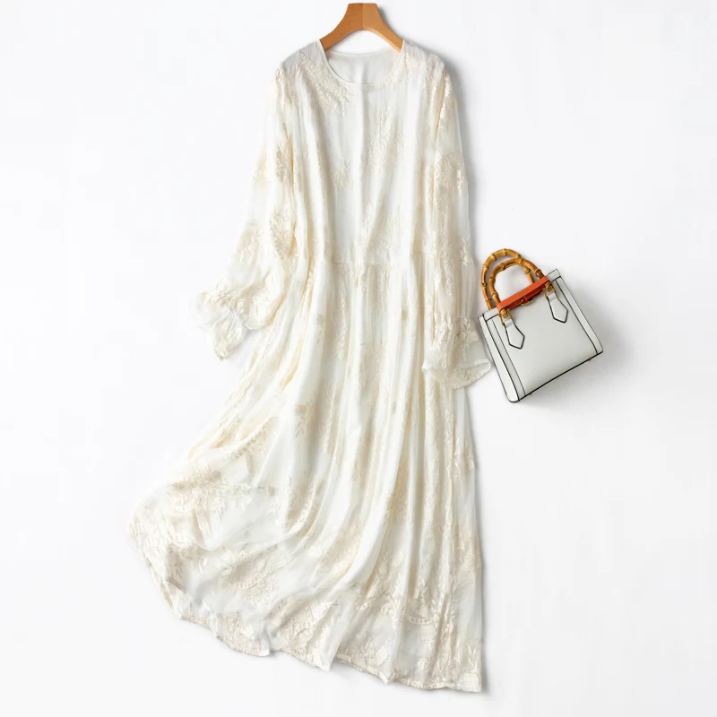 

Women's 100% Mulberry Silk white embroidery georgette silk long sleeve midi Dress L1252