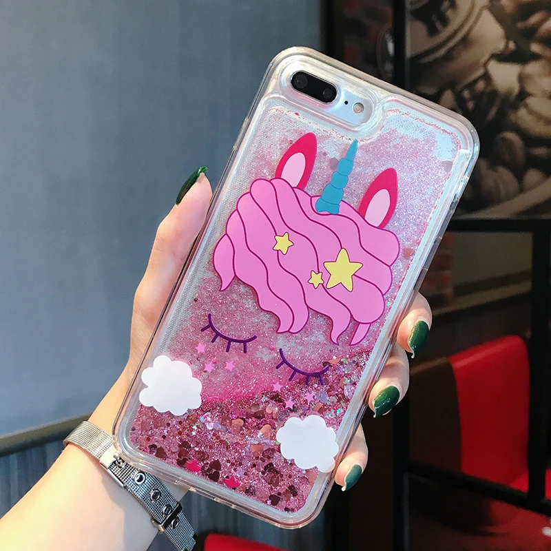 Модный мягкий чехол из ТПУ с розовым рисунком единорога и жидким песком для iPhone 6