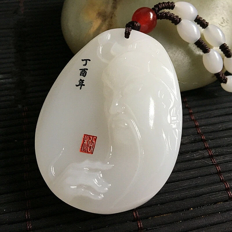 

Chinese Handcarved 100% Natural Nephrite Hetian Jade Guan Gong Guan Yu Drive Out Evil Spirits Safe Pendant Necklace