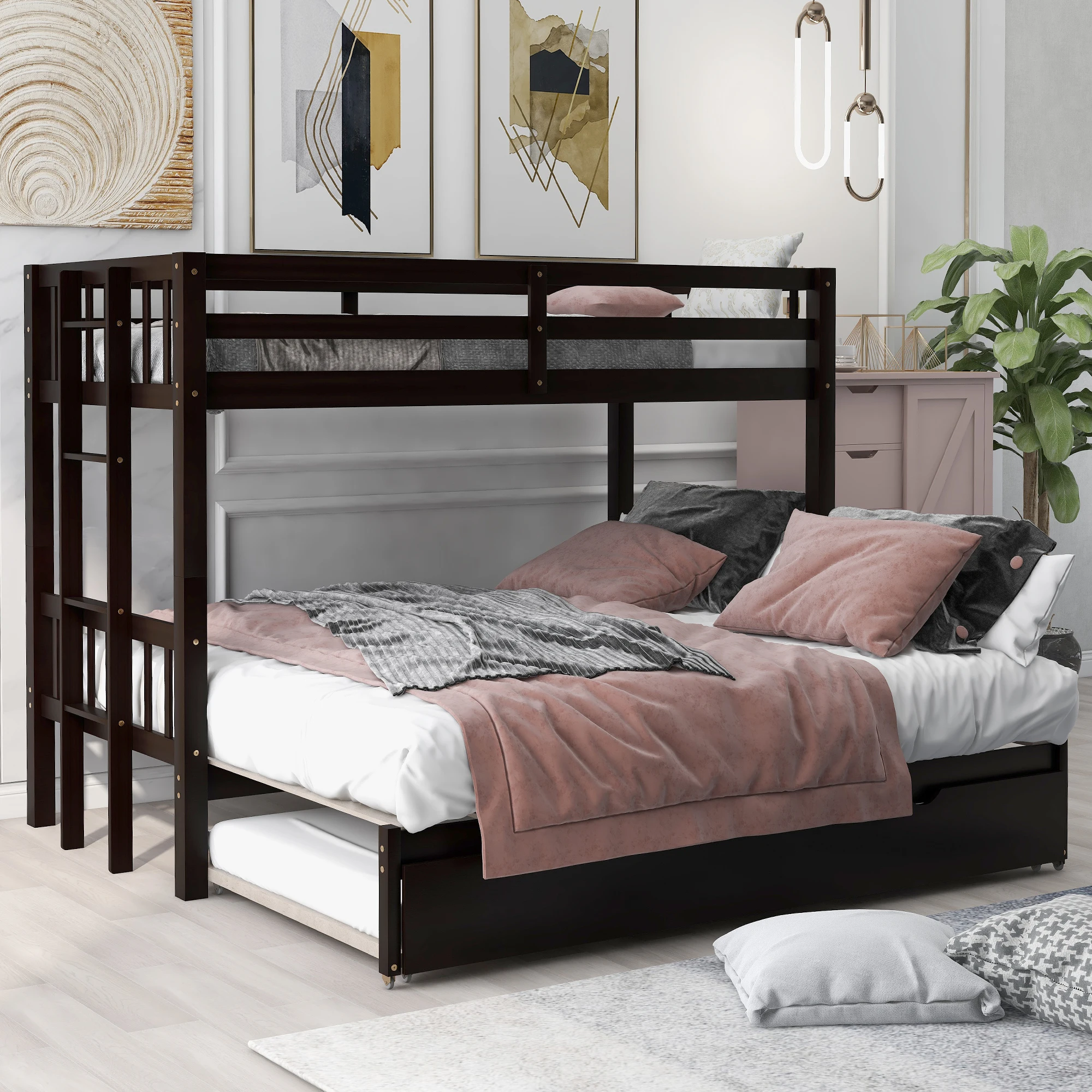 

Twin over pull-out bunk bed with trundle, espresso