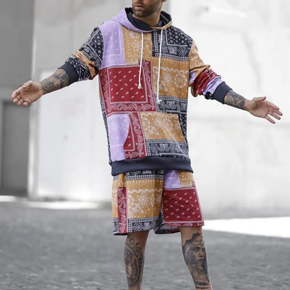

Bohemia Print Top Shorts Set Elastic Waist Autumn Long Sleeve Hooded Top Shorts Set for Daily Life