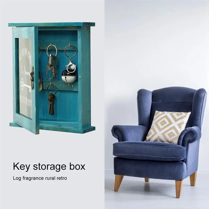 

Wooden Key Cabinet Wall Mounted Key Storage Box Pastoral Style Decorative for Home Hotel Halfway Kitchen Key Rack Lock Box