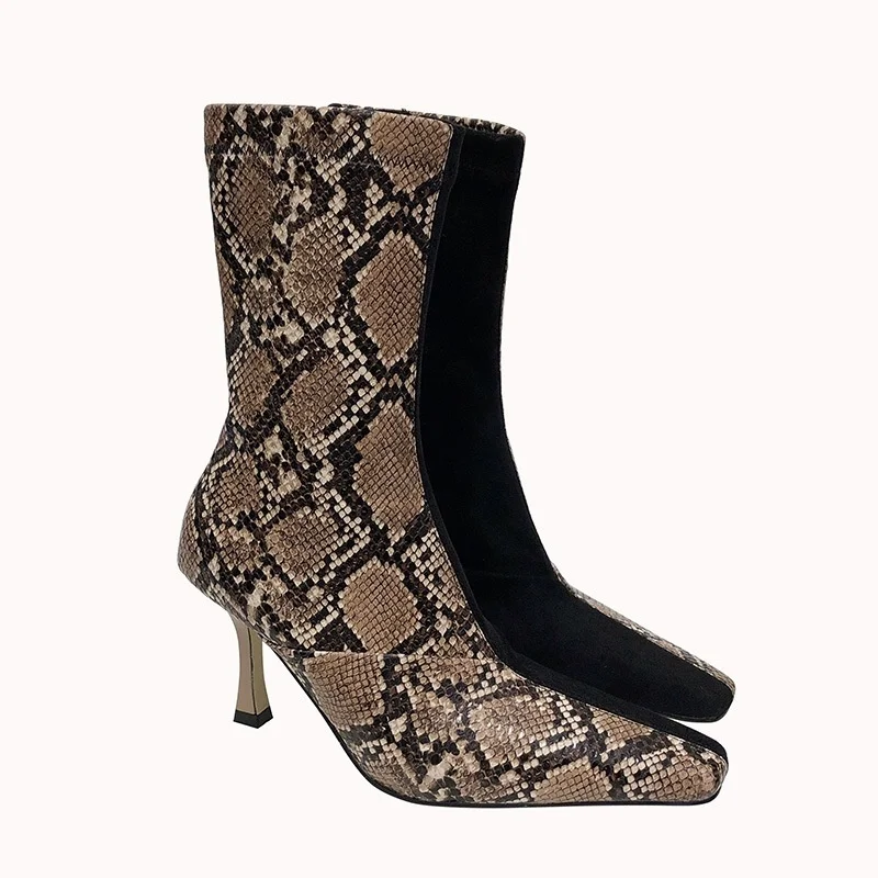 

head short boots, thin heel short Square boots, net snake suede high heel and knee boots, women's short