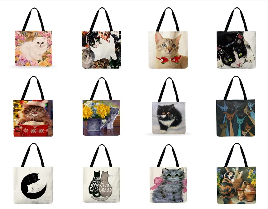 

Многоразовые льняные сумки для покупок, повседневная женская сумка-тоут с рисунком животного, кошки, квадратная вместительная сумка для хр...