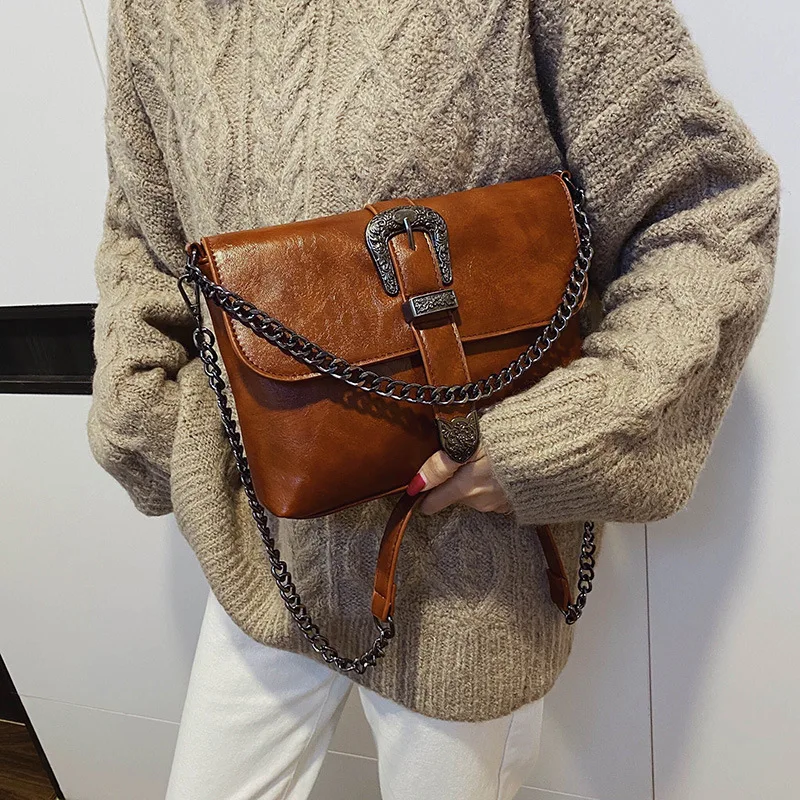 Vintage Messenger Bags Women Leather Chain Cross Body Brand Bag for Female Shoulder with Strap Buckle Brown Black | Багаж и сумки