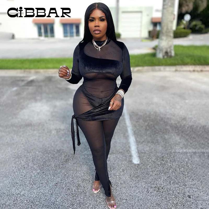 

CIBBAR Solid Hipster Sexy See Through Bodycon Jumpsuits For Women Autumn Mesh Stitching Long Sleeve Hot Night Clubwear One Piece