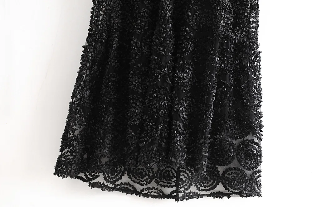 Star firefly casual western puff sleeve round neck openwork lace Za long dress female loose stitching dress women