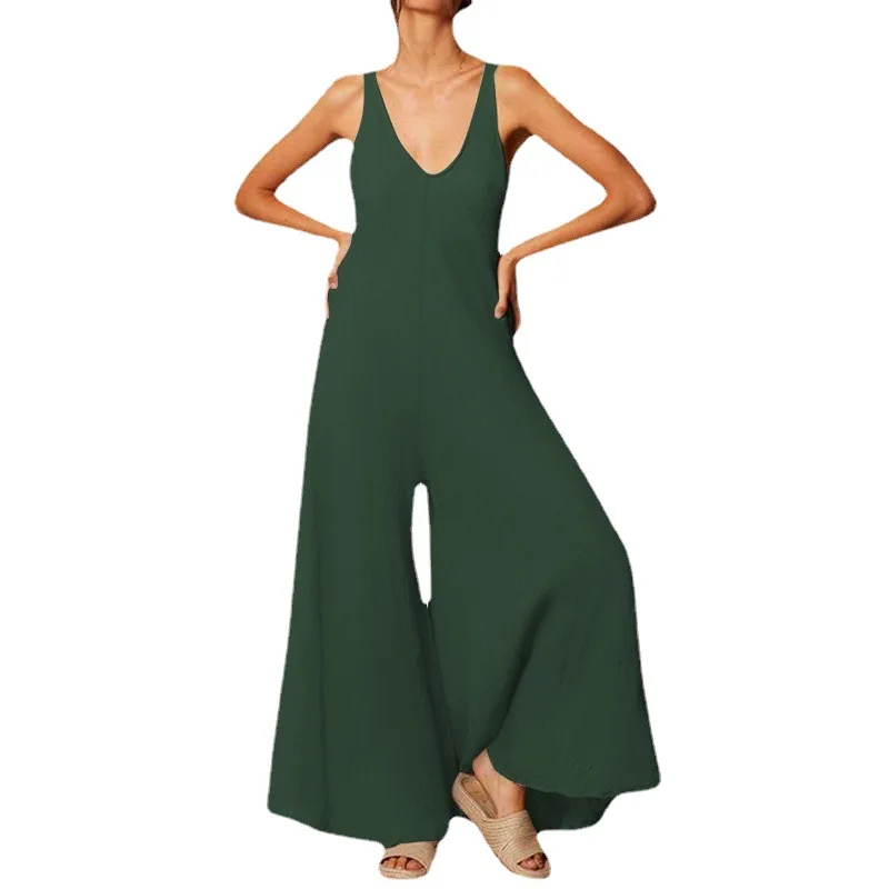 

Women Long Jumpsuits Sexy Deep V Neck Wide Leg Long Trousers Palazzo Pantalon Retro Office Overalls Plus Size Streetwears