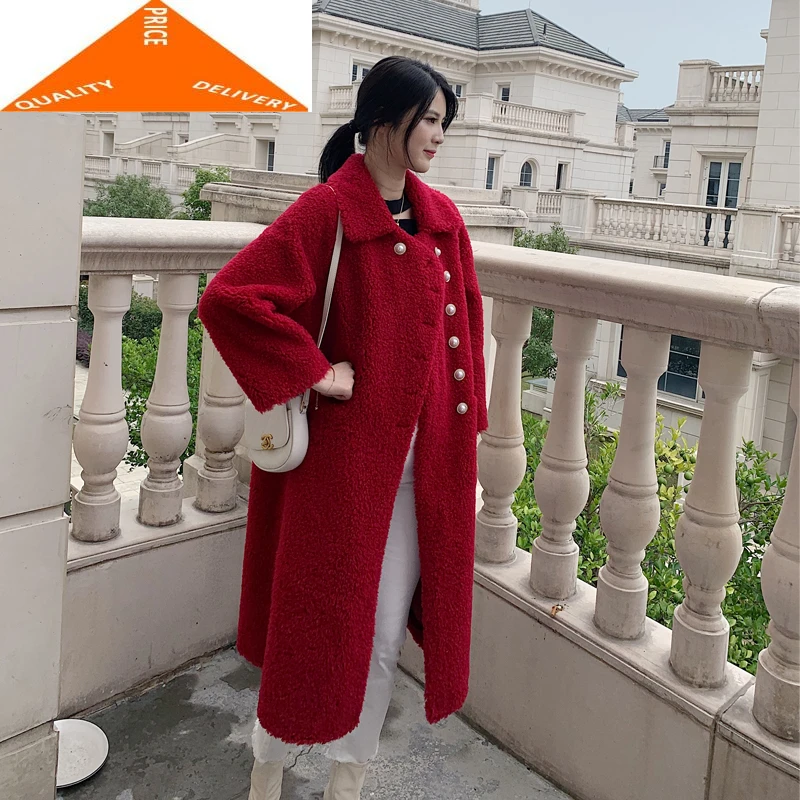 Женская шуба из 100% натурального меха овчины Длинная зимняя одежда 2020 корейские