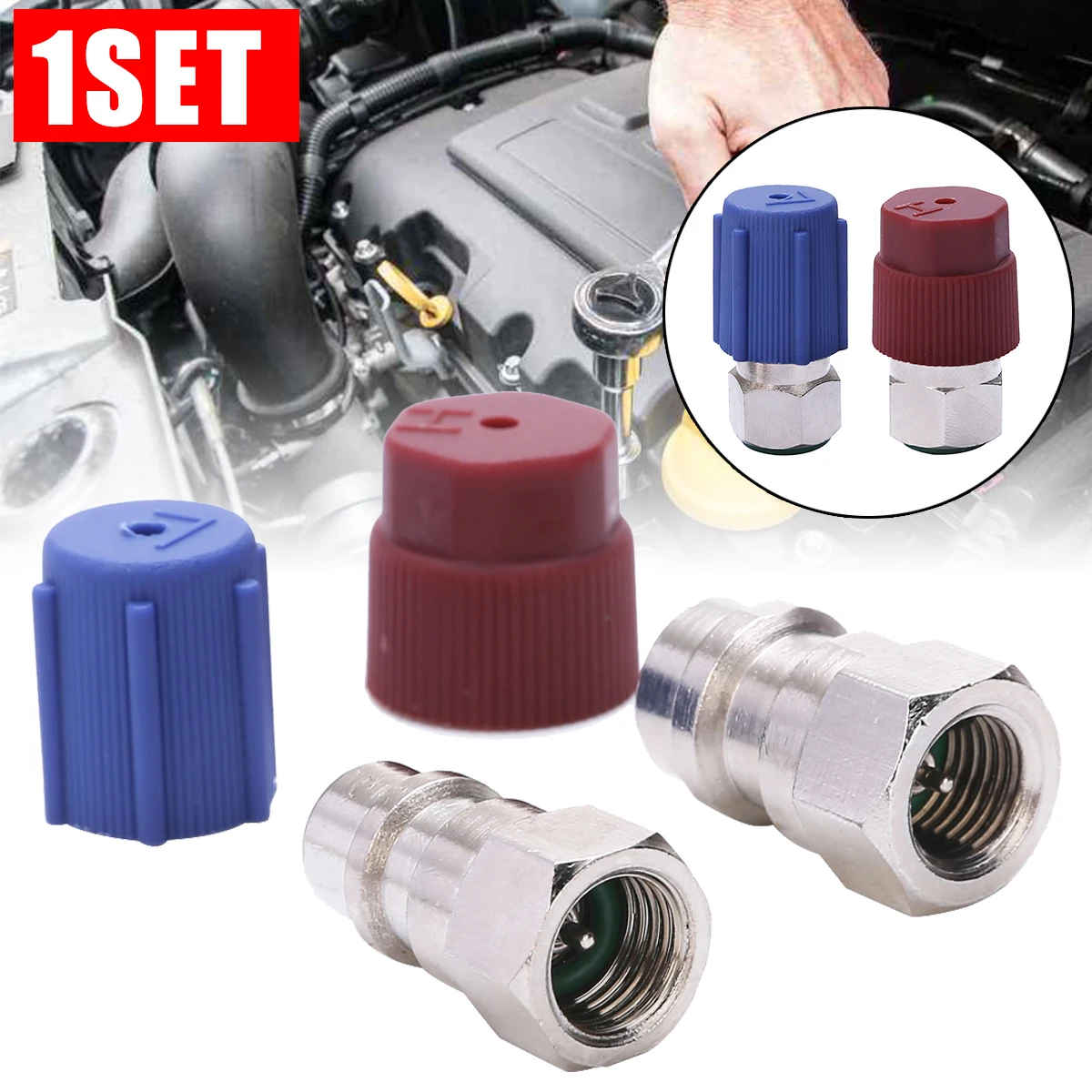 2pcs Red Blue Car Retrofit Conversion Adapter 1/4 SAE R12 To R134a High/Low Voltage AC Fitting For Automobiles Air Conditioner