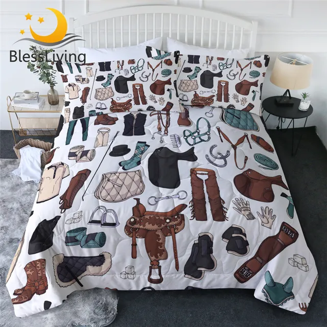 BlessLiving Horsemanship Summer Quilt Horse Bit Cool Blanket Saddle Bedding Knight Uniform Bedspread Riding Boots Couette De Lit 1