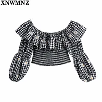 xnwmnz 2021 embroidered gingham crop top women square collar plaid short slim smock blouse female puff sleee pleat chic tops