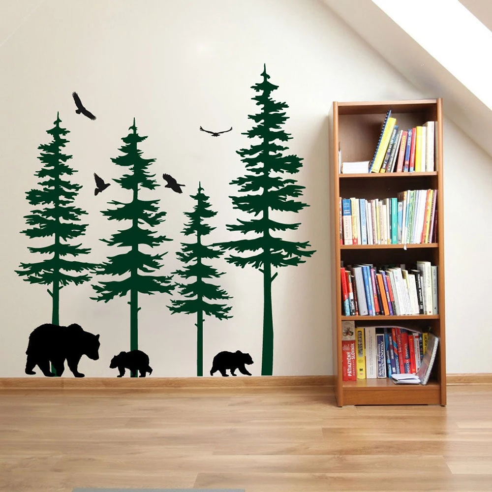 

Large Spruce Pine Trees Bear Wall Decal Living Room Playroom Cartoon Woodland Forest Animal Bird Wall Sticker Bedroom Vinyl Deco