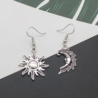 asymmetrical silver color metal sun and moon dangle earrings for women fashion jewelry vintage drop earing statement accessories