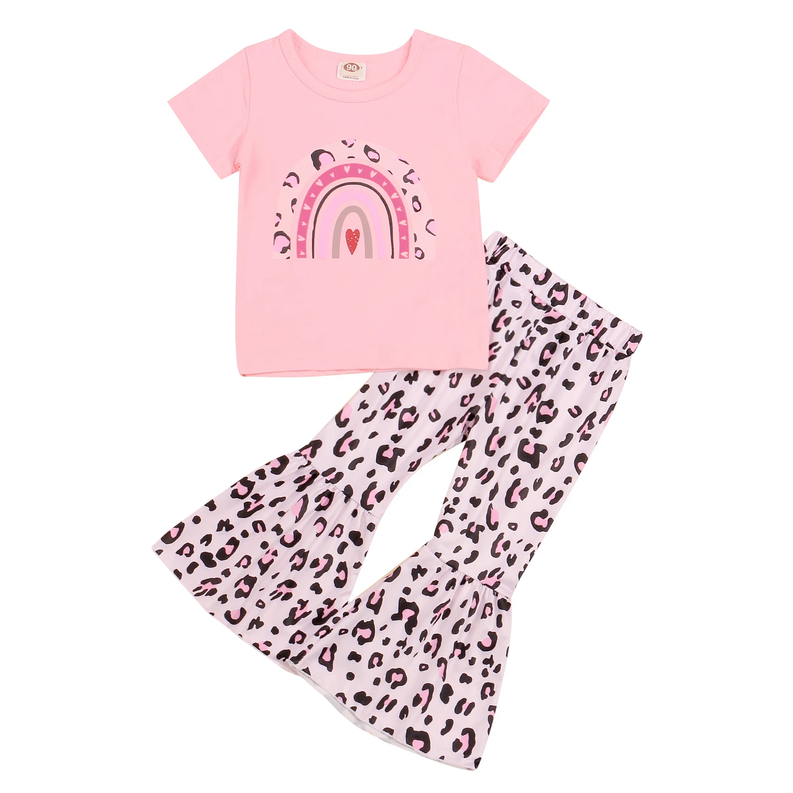 

2Pcs Kids Summer Outfits, Rainbow Print Short Sleeve T-Shirt + Leopard Print Flared Trousers for Girls, 1-6 Years