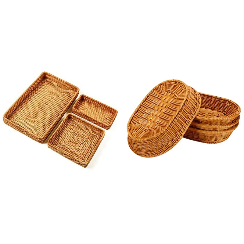 

3 шт. прямоугольный сервировочный поднос ручной работы из ротанга с 3 корзинами из ротанга, корзина для хлеба, корзина для хранения фруктов