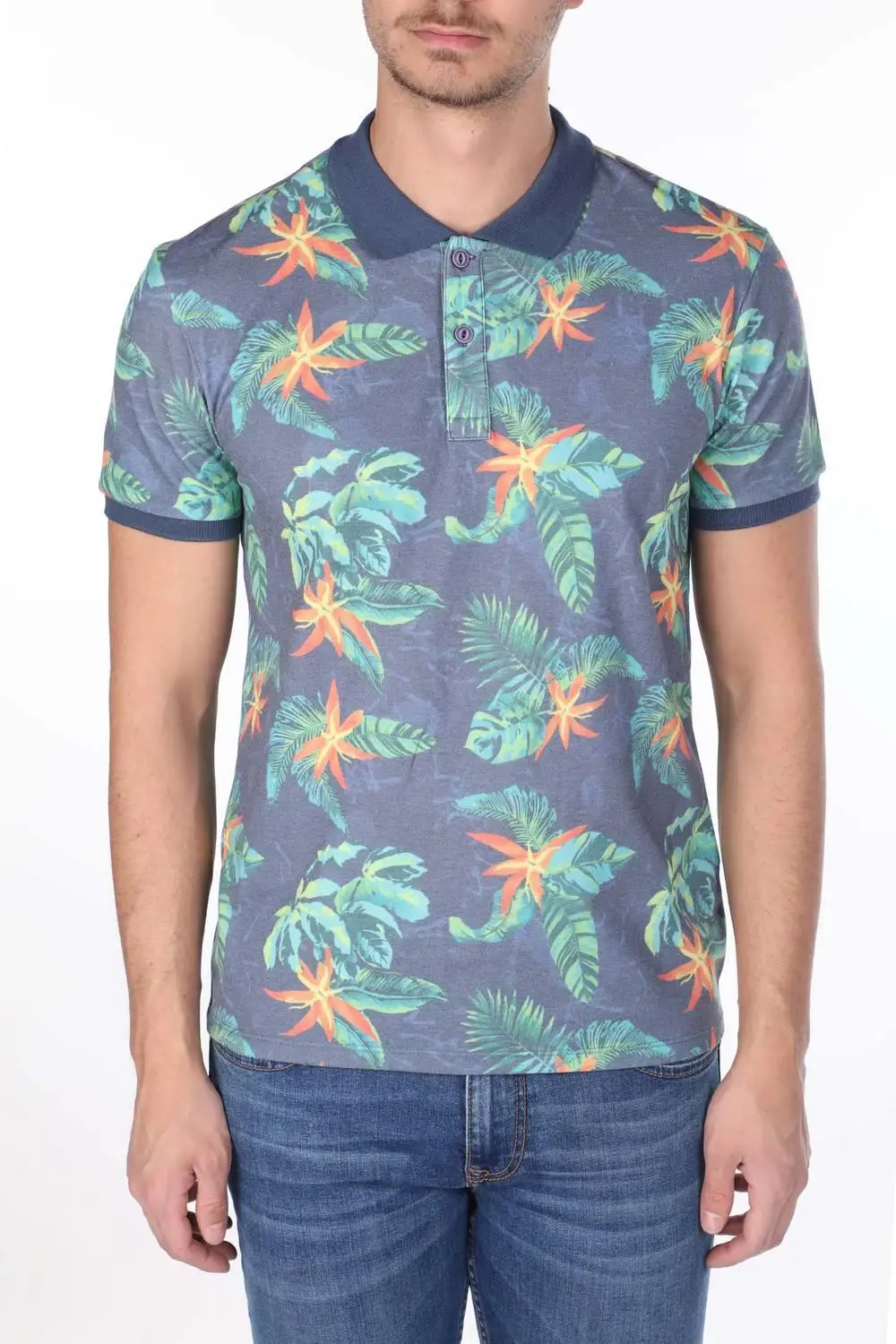 

Mens Leaf Pattern Polo Neck T-Shirt
