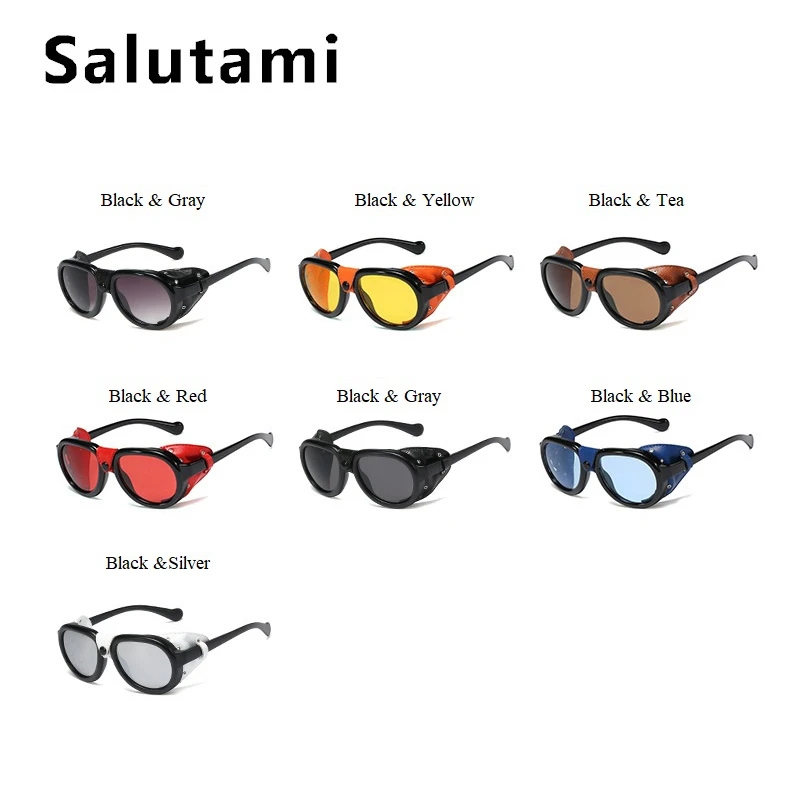 

PU Leather Frame Punk Sunglasses For Men 2020 Luxury Brand Black Steampunk Round Eyewear Women Vintage Rivet Button Sun Glasses