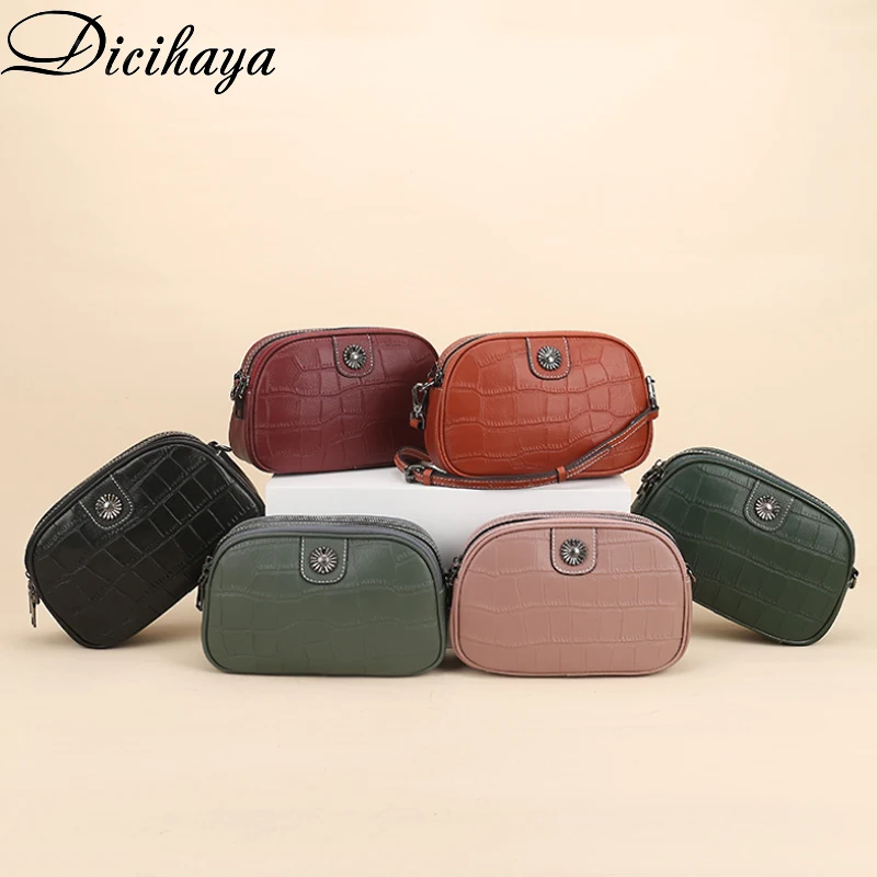 

DICIHAYA New Style Leather Handbags Stone Grain Cowhide Double Zipper Shoulder Messenger Bag Fashion Sun Flower Mobile Phone Bag