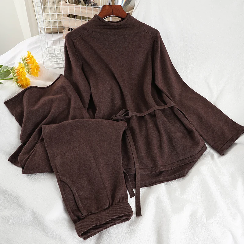 

2021 Spring Casual Fashion 2pcs Suit Women Loose Pullover Sweater Top + Straight Leg Pants Solid colors Two piece Set